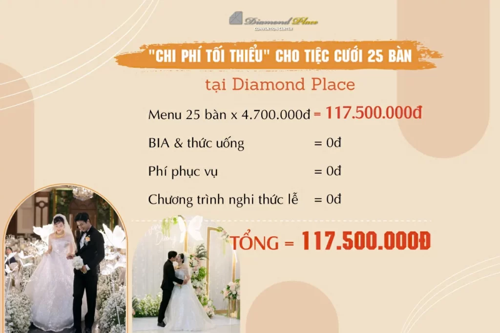 Chi phí tiệc cưới 25 bàn tại Diamond Place Phú Nhuận