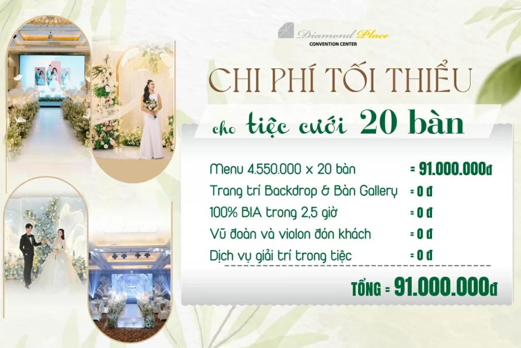 Chi phí cho tiệc cưới 20 bàn tại Diamond Place